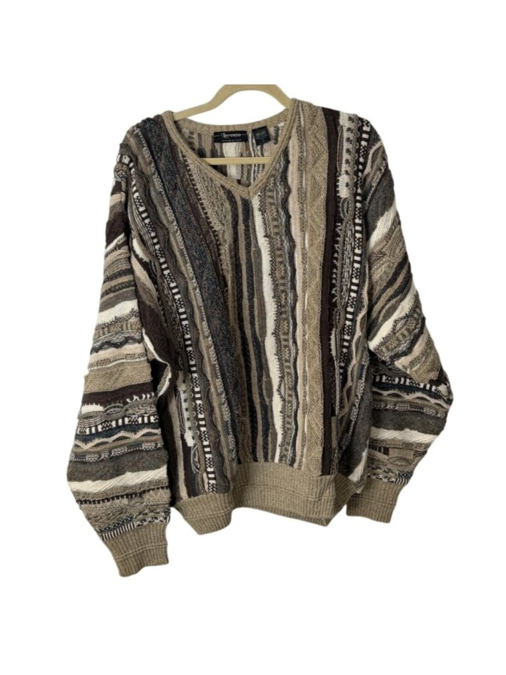 Vintage Lorenzo Men Size L Sweater 3D Coogi-Style 90s Biggie V-Neck Beige Brown